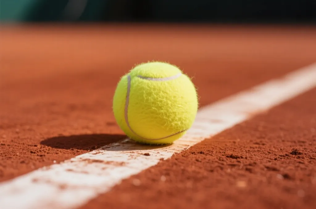 A close-up of a professional yellow tennis ball resting on the white baseline of a red clay court, shallow depth of field, sharp focus, sports editorial style